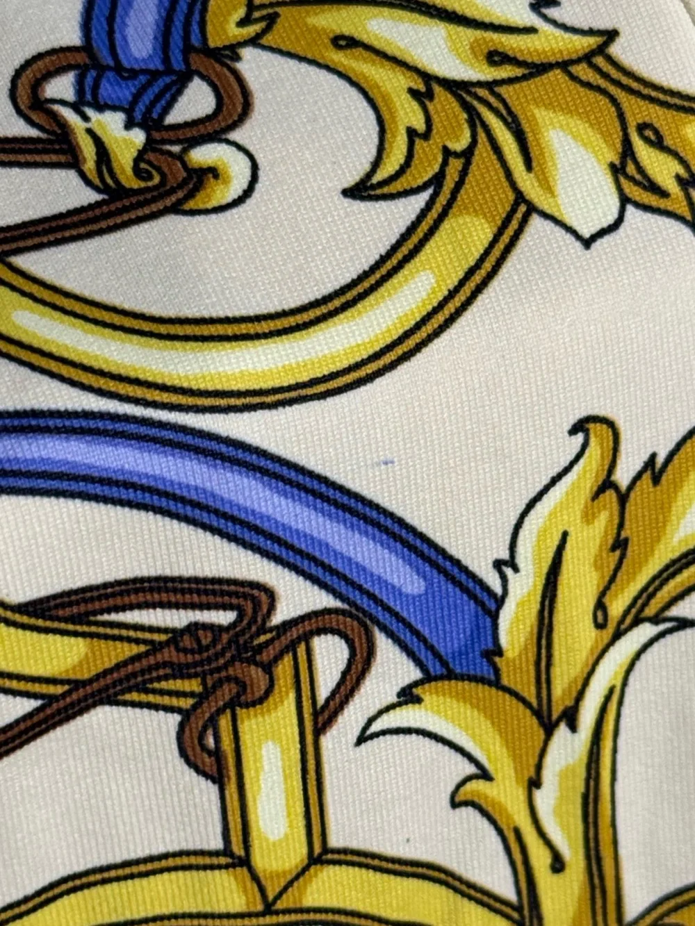 J McLaughlin Top Sz Small Equestrian Scroll Print Blue Gold Stretch Knit Casual - Picture 8 of 8